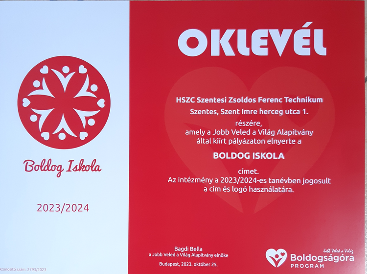 Boldog Iskola Oklevél
