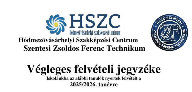 Jelentkezők végleges felvételi jegyzéke 2025/2026. tanévre