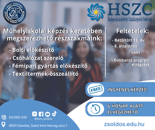 Műhelyiskolai képzés keretében megszerezhető részszakmáink